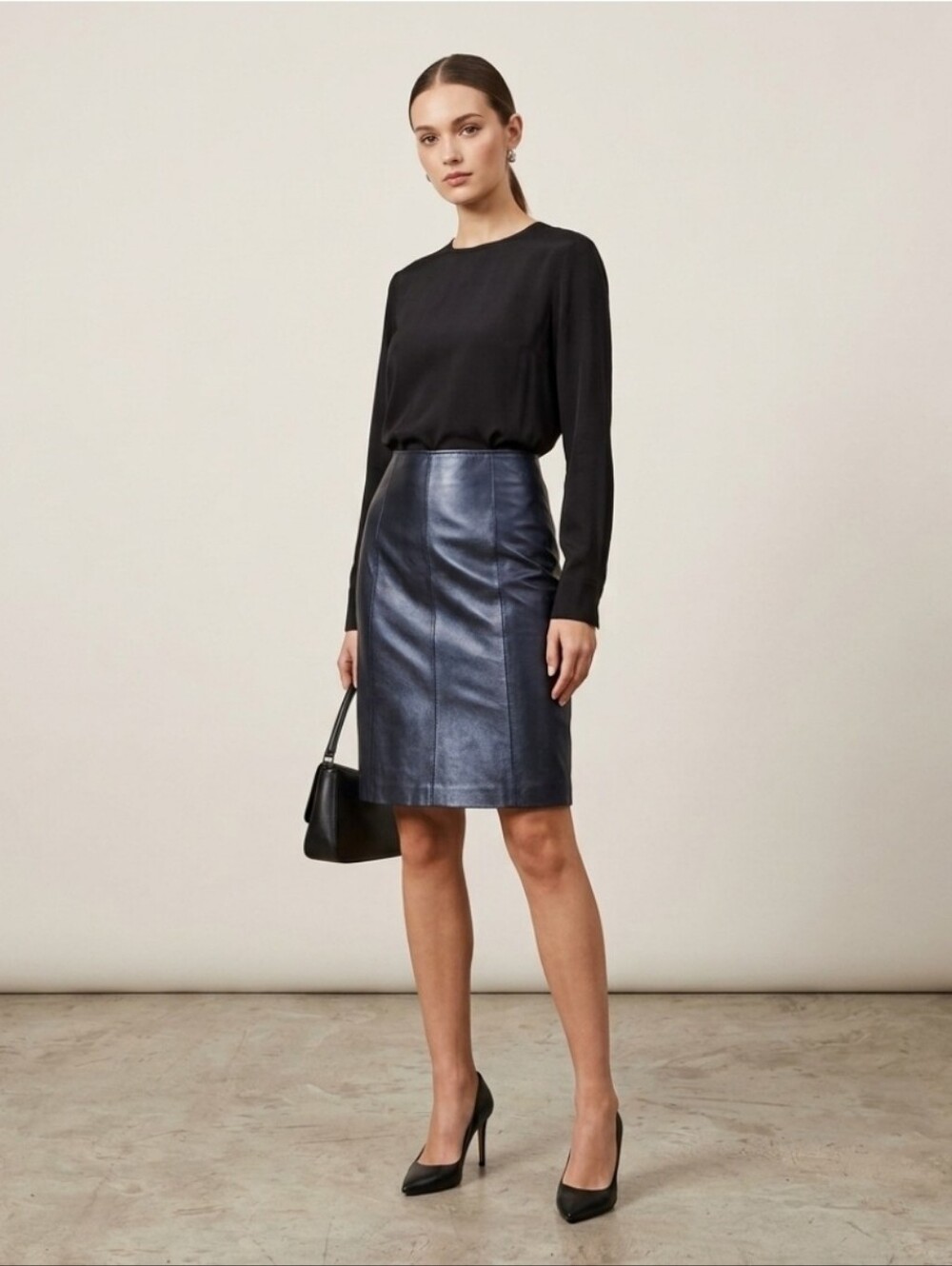 Croft & Barrow Lambskin Soft Genuine Leather Black Pencil Skirt Knee Length Sz 6